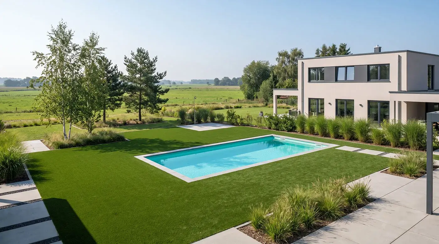 Gepflegter Royal Grass® Kunstrasen im Garten mit Pool